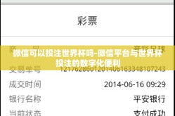 微信可以投注世界杯吗-微信平台与世界杯投注的数字化便利