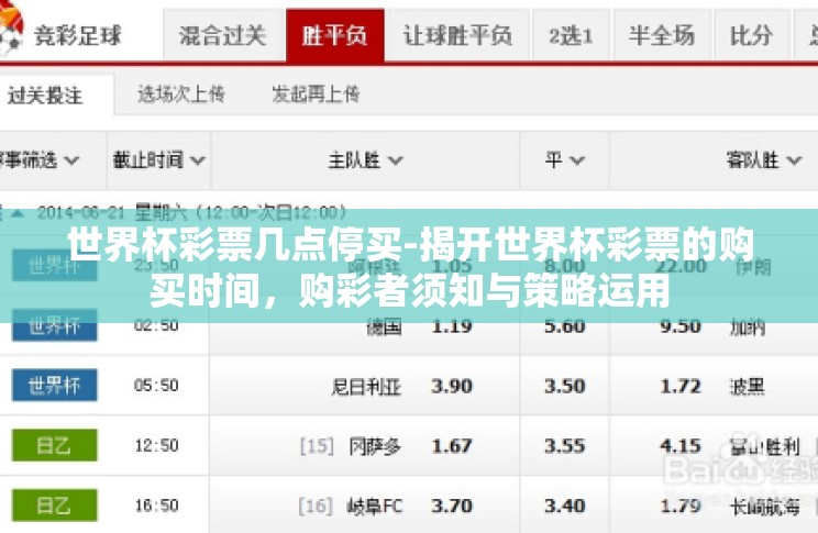 世界杯彩票几点停买-揭开世界杯彩票的购买时间，购彩者须知与策略运用