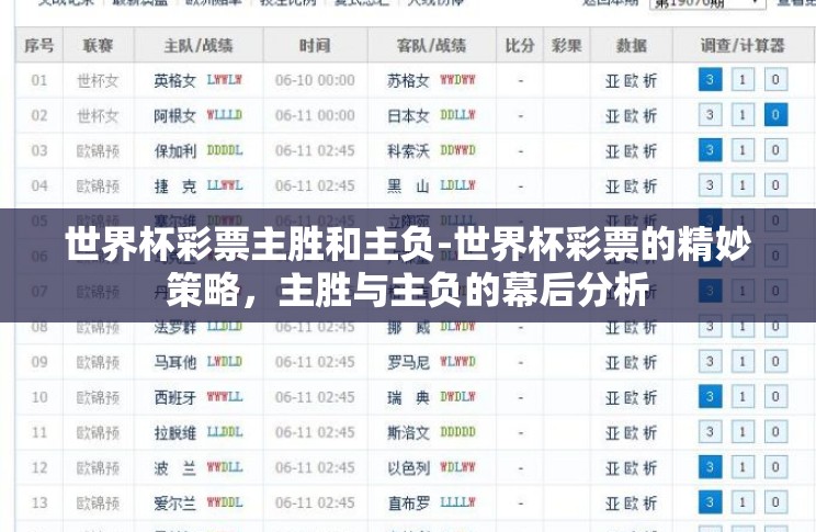 世界杯彩票主胜和主负-世界杯彩票的精妙策略，主胜与主负的幕后分析