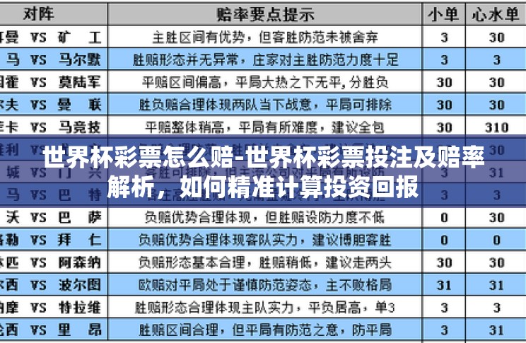 世界杯彩票怎么赔-世界杯彩票投注及赔率解析,如何精准计算投资回报 世界杯彩票怎么赔-世界杯彩票投注及赔率解析,如何精准计算投资回报